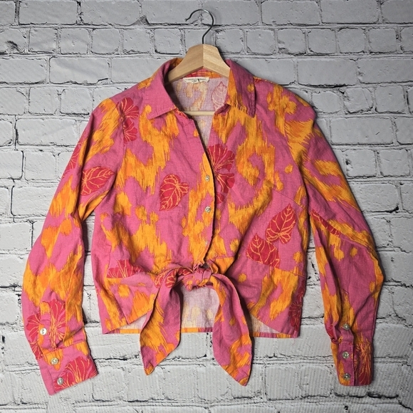 Christian Siriano Linen Blend Orange Pink Button Up Tie Front Blouse Size M - Picture 1 of 11